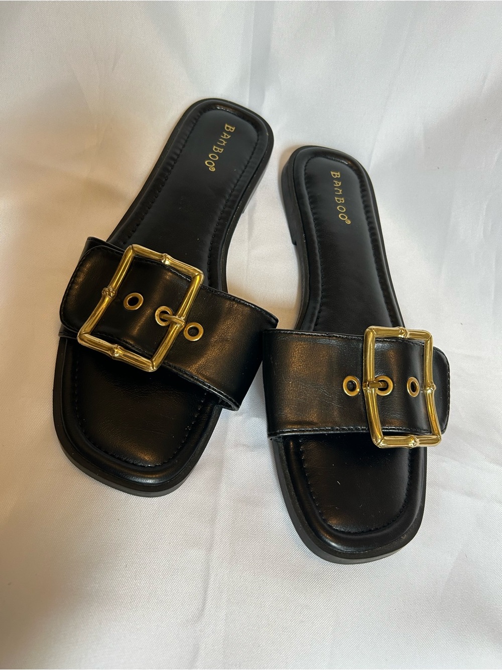 BAMBOO Black Slide Mules with Gold Buckles